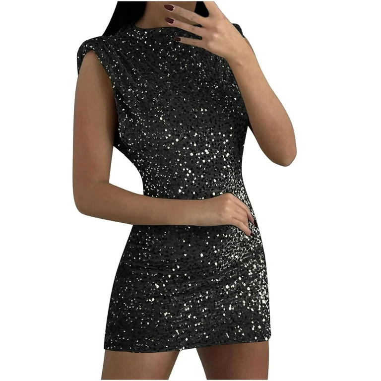 JGGSPWM Sparkle Dress for Women Sequin Holiday Dresses Trendy Sparkly Mini Dress Round Neck Dress... | Walmart (US)