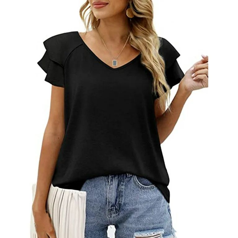 Mengpipi Womens Tops Summer Double Ruffle Short Sleeve V-Neck Casual Blouses, Black-L(US 12-14) | Walmart (US)