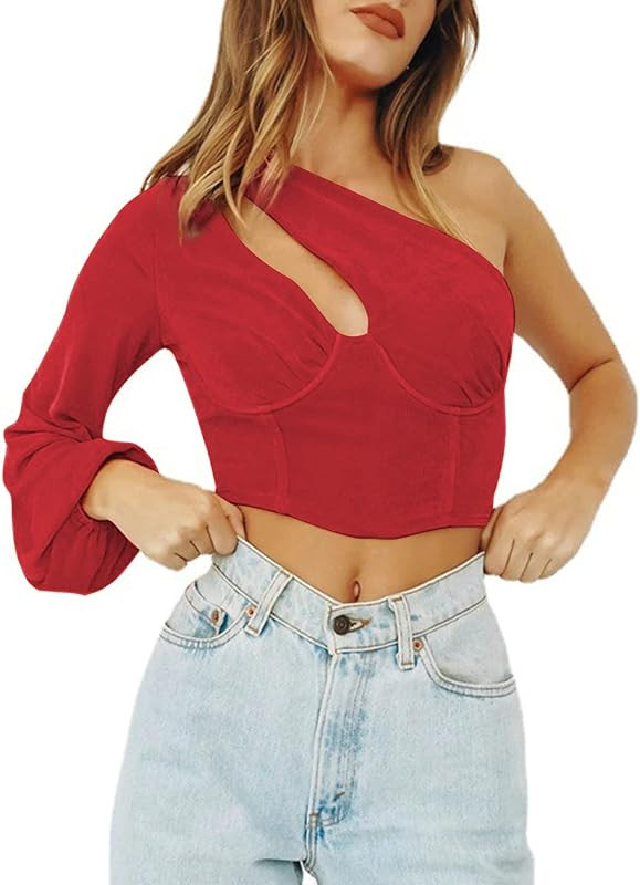 LYANER Women's Sexy One Shoulder Cut Out Bishop Long Sleeve Crop Tee Blouse Top | Amazon (US)