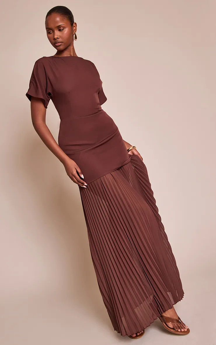 Chocolate Satin Back Tie Pleated Hem Maxi Dress | PrettyLittleThing USA | PrettyLittleThing US