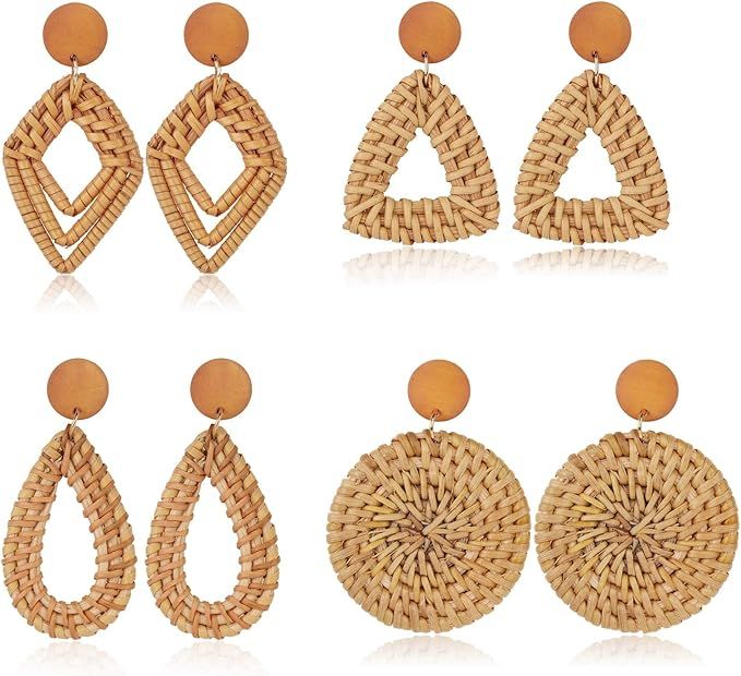 FINREZIO 4 Pairs Rattan Dangle Earrings for Women Lightweight Bohemia Straw Wicker Braid Nature B... | Amazon (US)