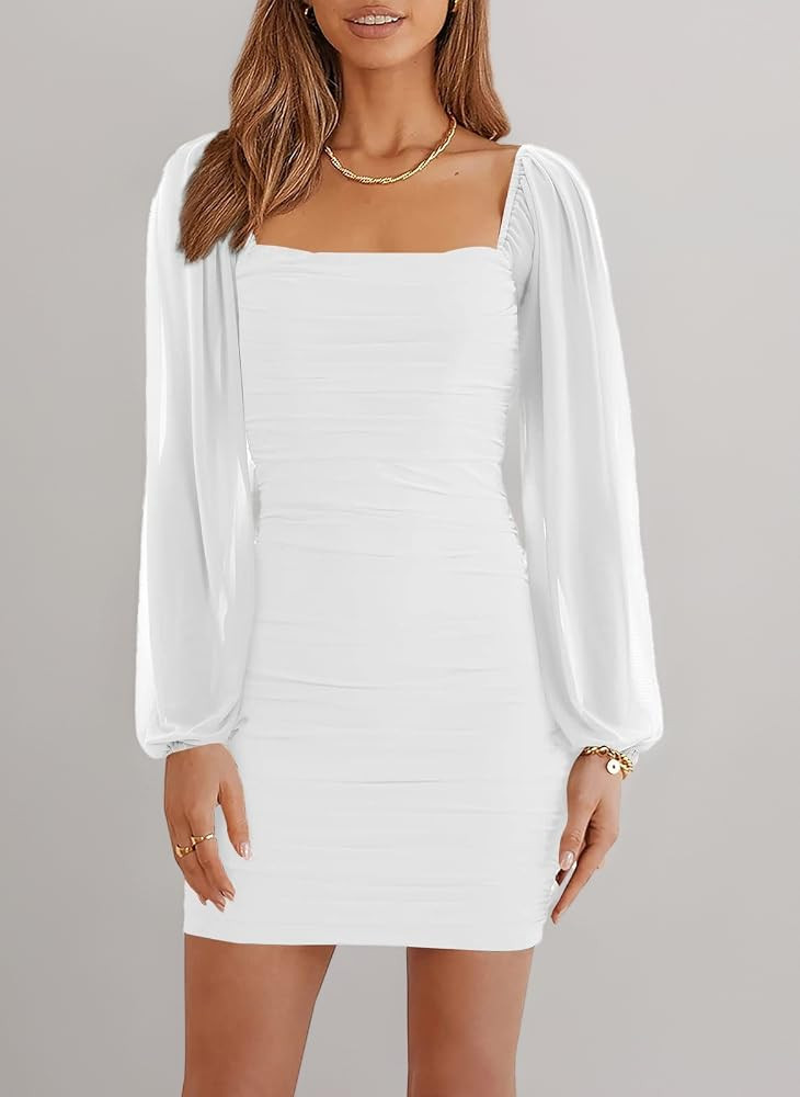 Wenrine Damen Kleider Party Cocktail Club Bodycon Kleid Hochzeitsgast Mesh Langarm Square Neck Mi... | Amazon (DE)