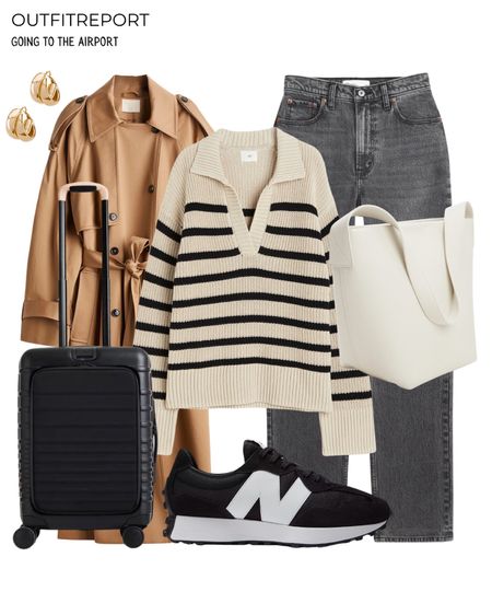 Airport outfit new balance sneakers grey denim jeans striped jumper sweater brown trench coat 

#LTKshoecrush #LTKstyletip #LTKitbag