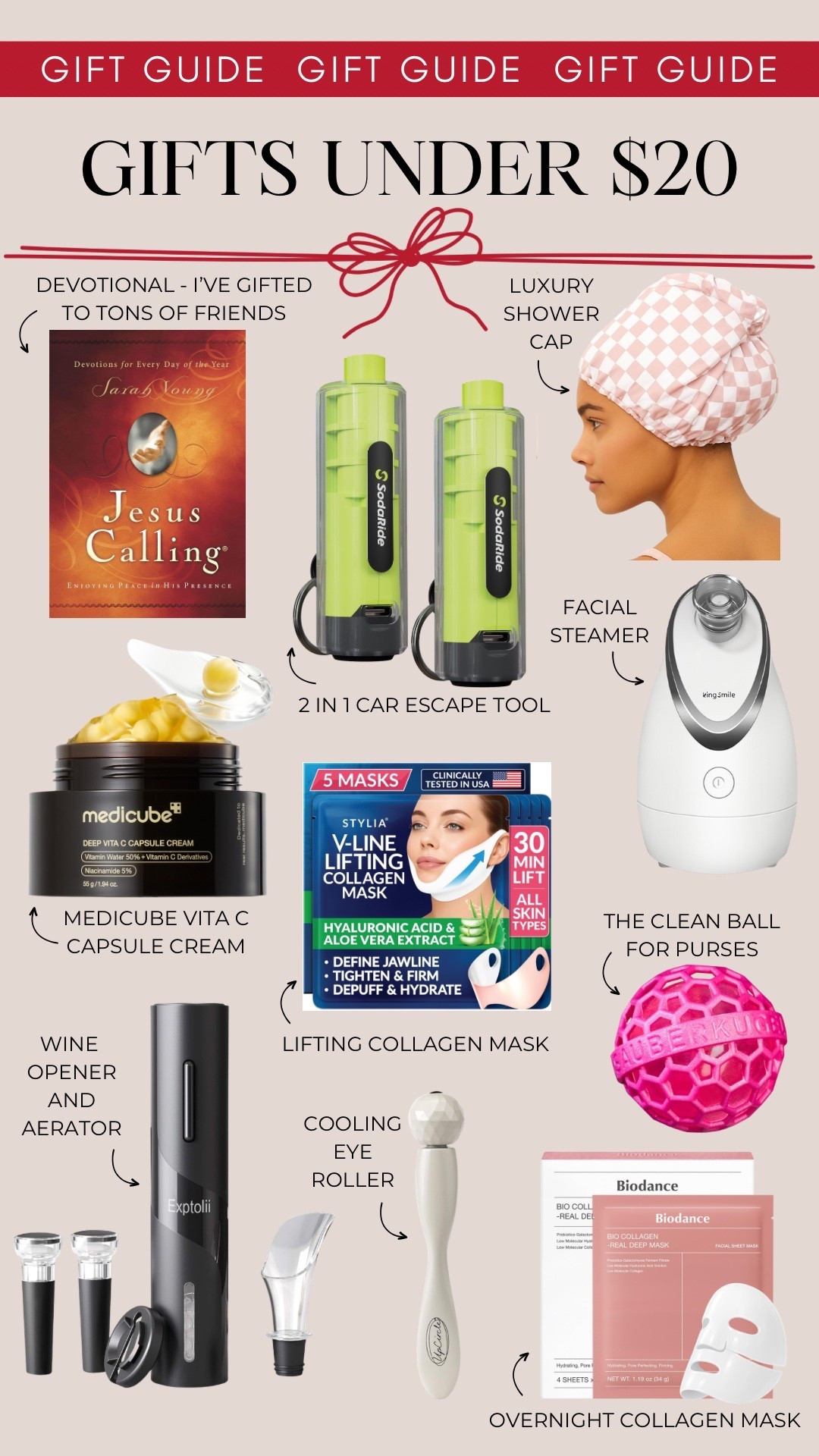 Gift ideas under $20 include a devotional (I’ve gifted this to a ton of friends), a 2-in-1 escape tool, a luxury shower cap, facial steamer, Medicube Vita C Capsule Cream, lifting collagen masks, The Clean Ball for purses, wine opener and aerator set, a cooling eye roller, and overnight collagen mask.

Gifts for her, gifts for him, gift guide, gifts under 20, gifts under 15

#LTKGiftGuide #LTKFindsUnder50 #LTKHoliday