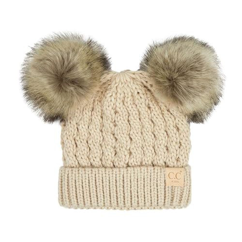 C.C Kids' Cable Knit Double Pom Beanie for Kids - Comfortable Soft Warm Children Youth Skully Hat with Pom, Natural Faux Fur Pom Beige | Amazon (US)