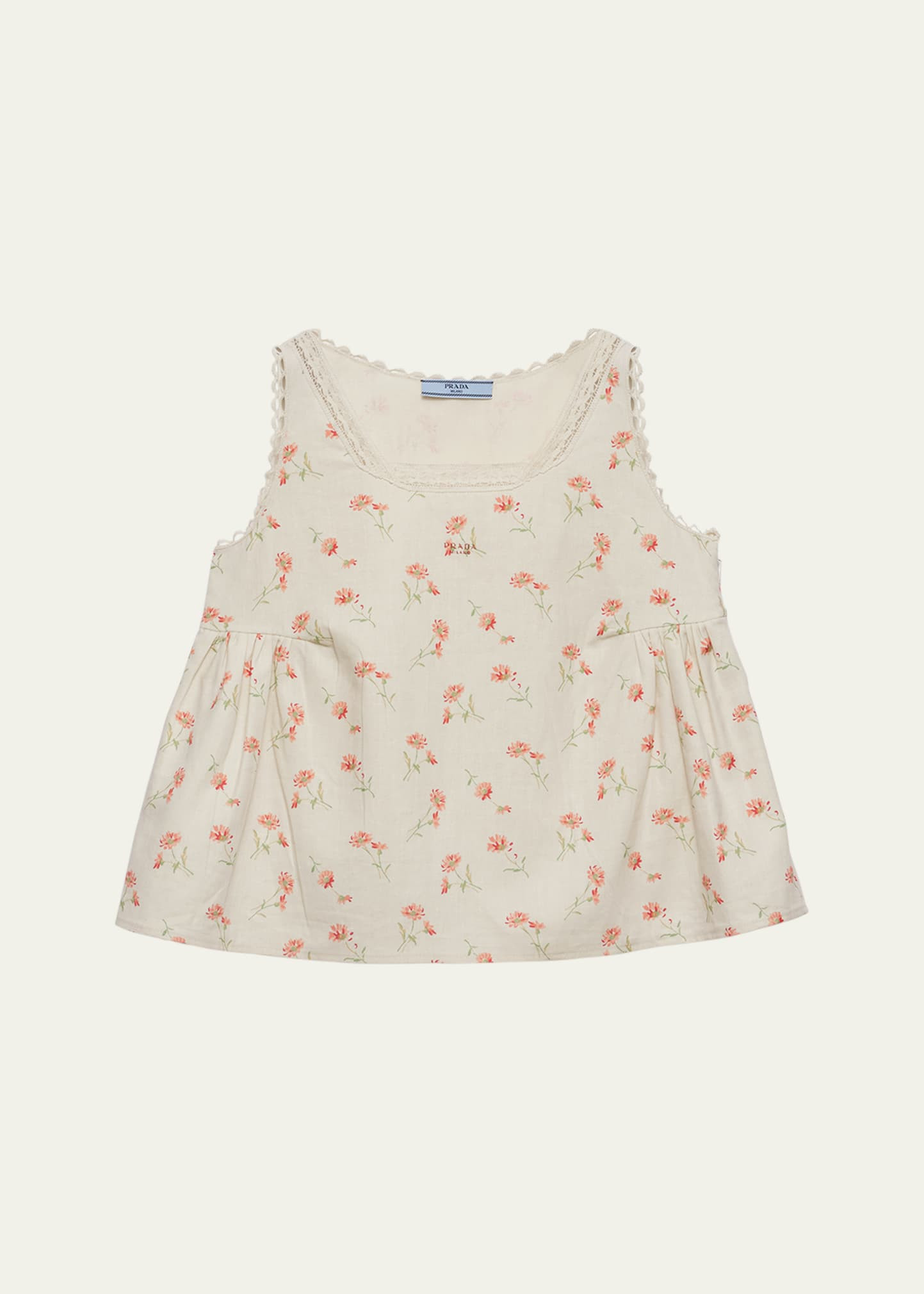 Prada Lino Flower-Print Sleeveless Babydoll Top | Bergdorf Goodman