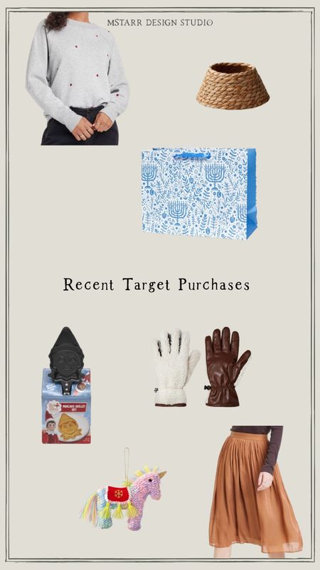 What I bought recently at Target, including double sided leather gloves, a mini tree collar, flowing holiday skirt, Hanukkah gift bags, elf pancake pan, cozy grey sweater and a unicorn ornament  

#LTKhome #LTKunder50 #LTKHoliday