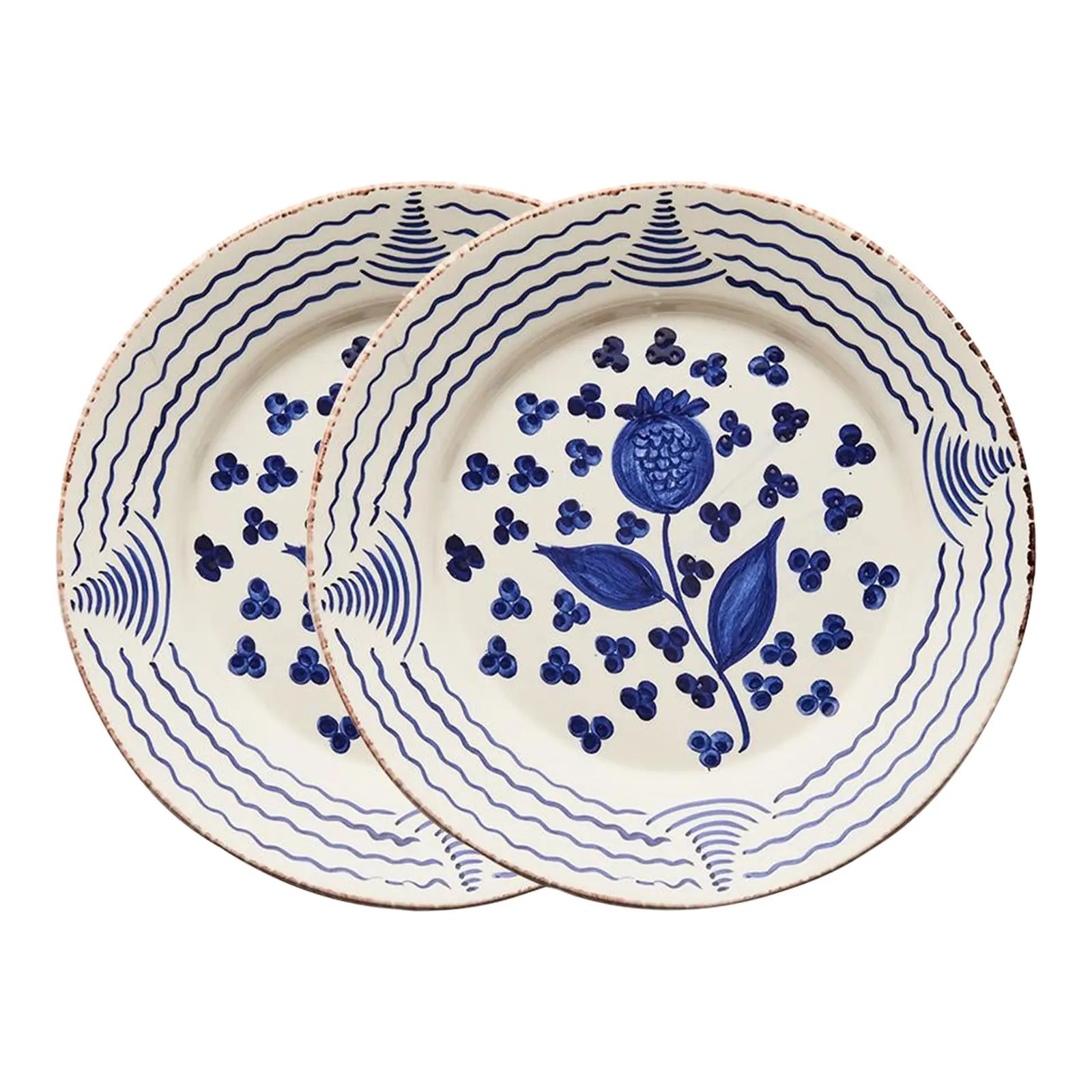 Casa Nuno Blue and White Dinner Plates, Pomegranate/Waves, Set of 2 | Chairish