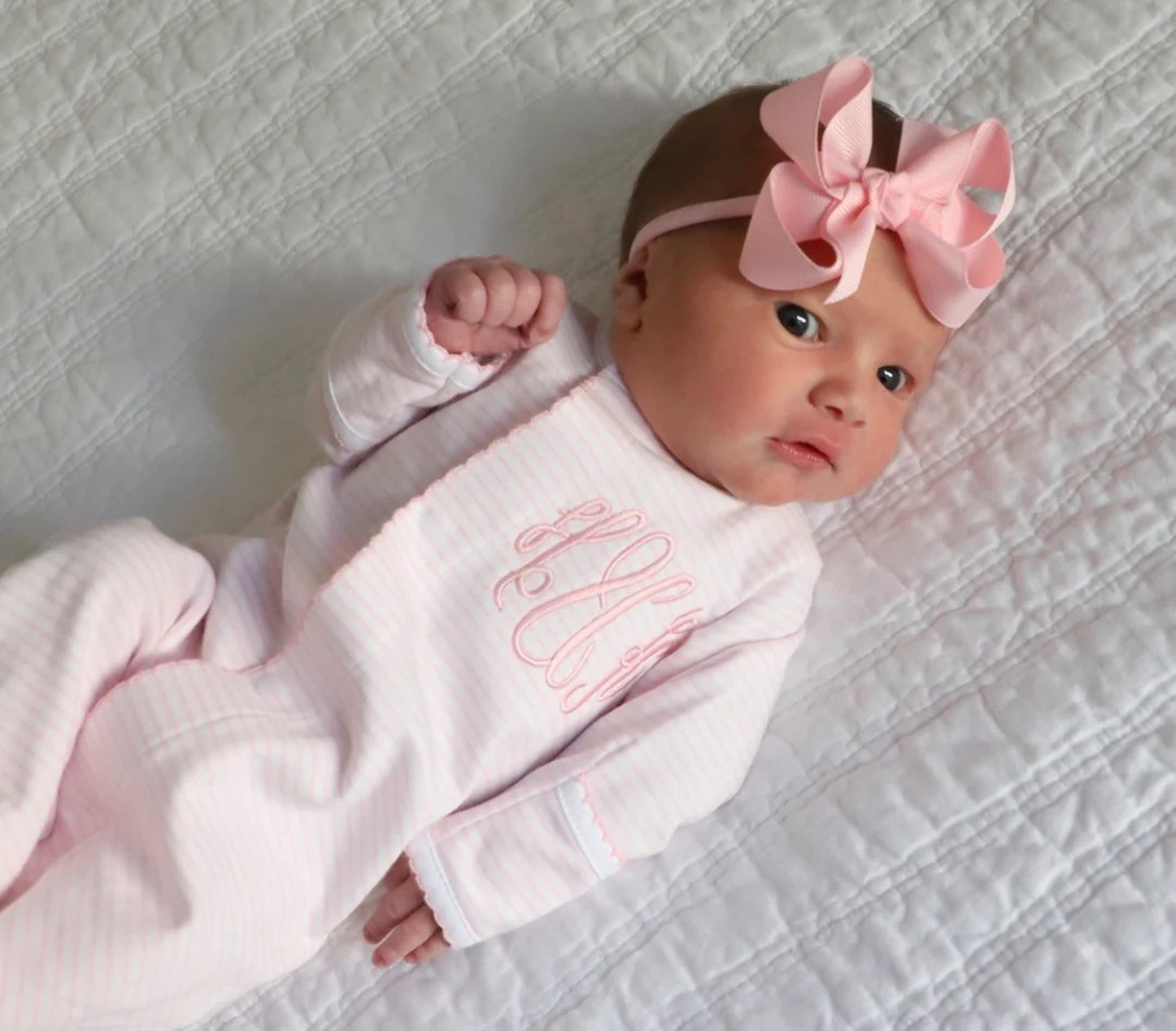 Baby girl coming home outfit, monogrammed newborn outfit, pink stripes outfit, pima cotton, perso... | Etsy (US)