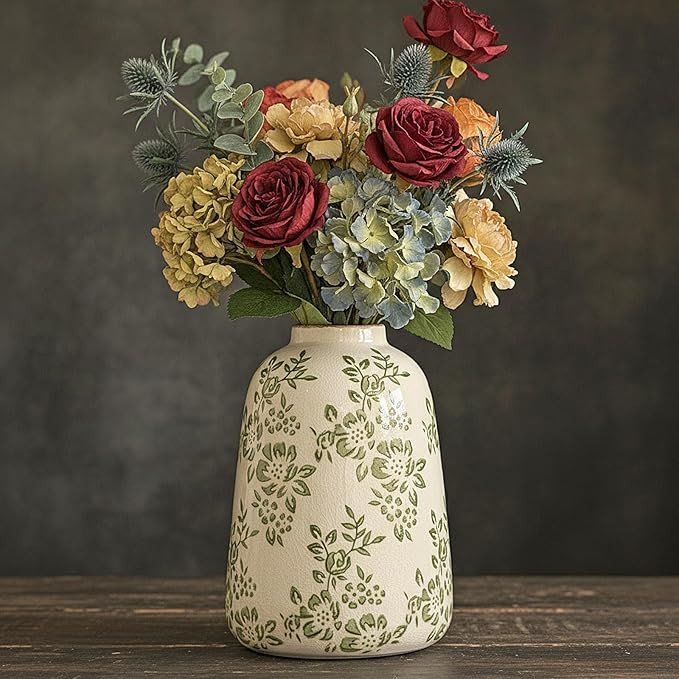 Ceramic Vase Vintage Flower Vase, Chinoiserie Green Floral Decorative Vase, Rustic Retro Farmhous... | Amazon (US)