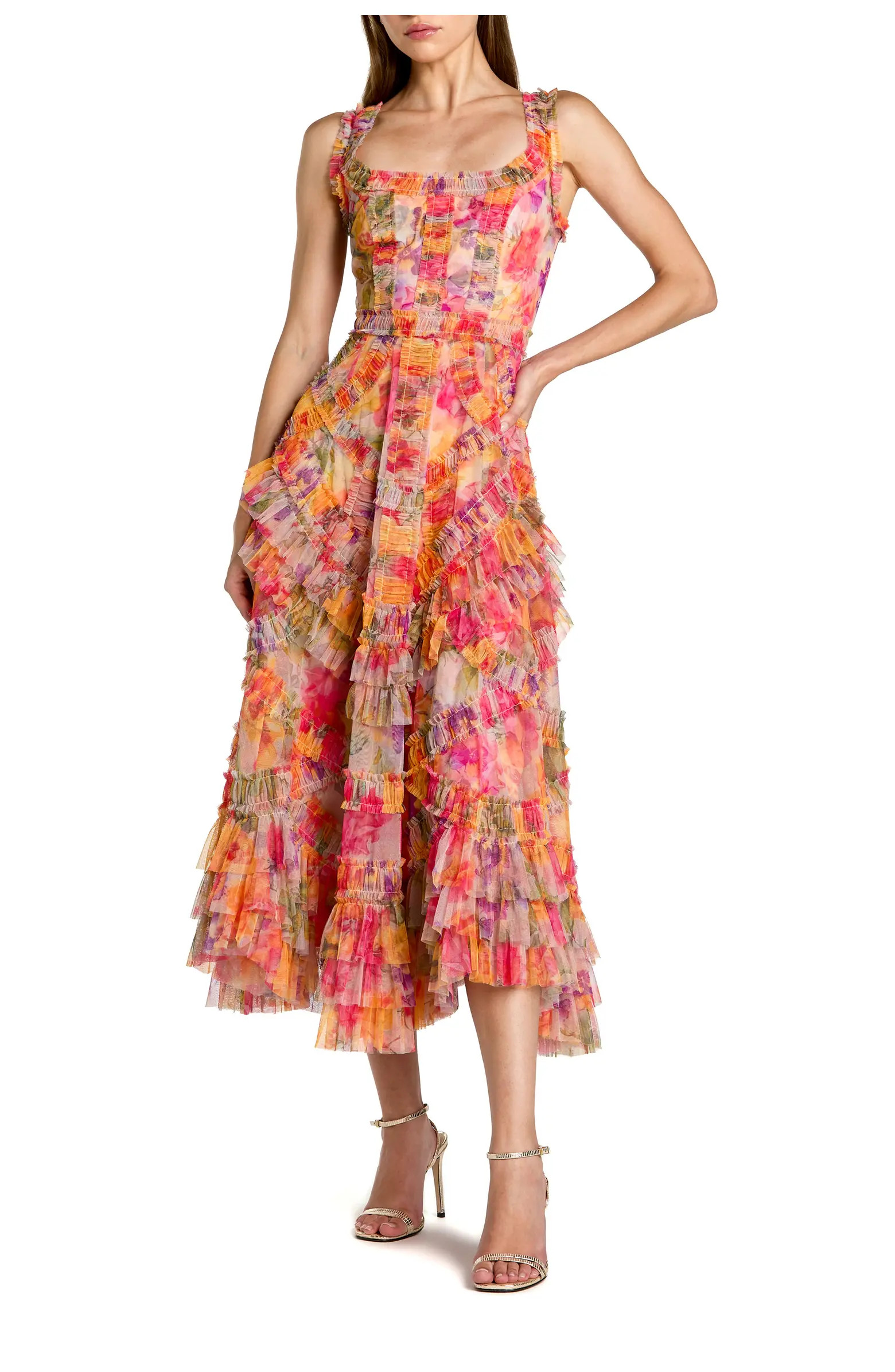 Floral Scoop Neck A-Line Ruffle Midi Dress | Nordstrom