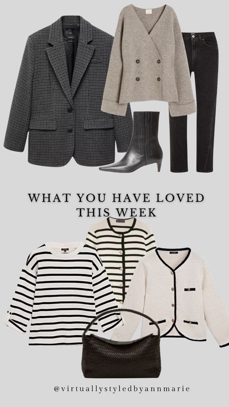 This weeks weekly loves 

Striped Cardigan 
Chanel sized jacket 
Silm jeans 
Boots 

#LTKMostLoved