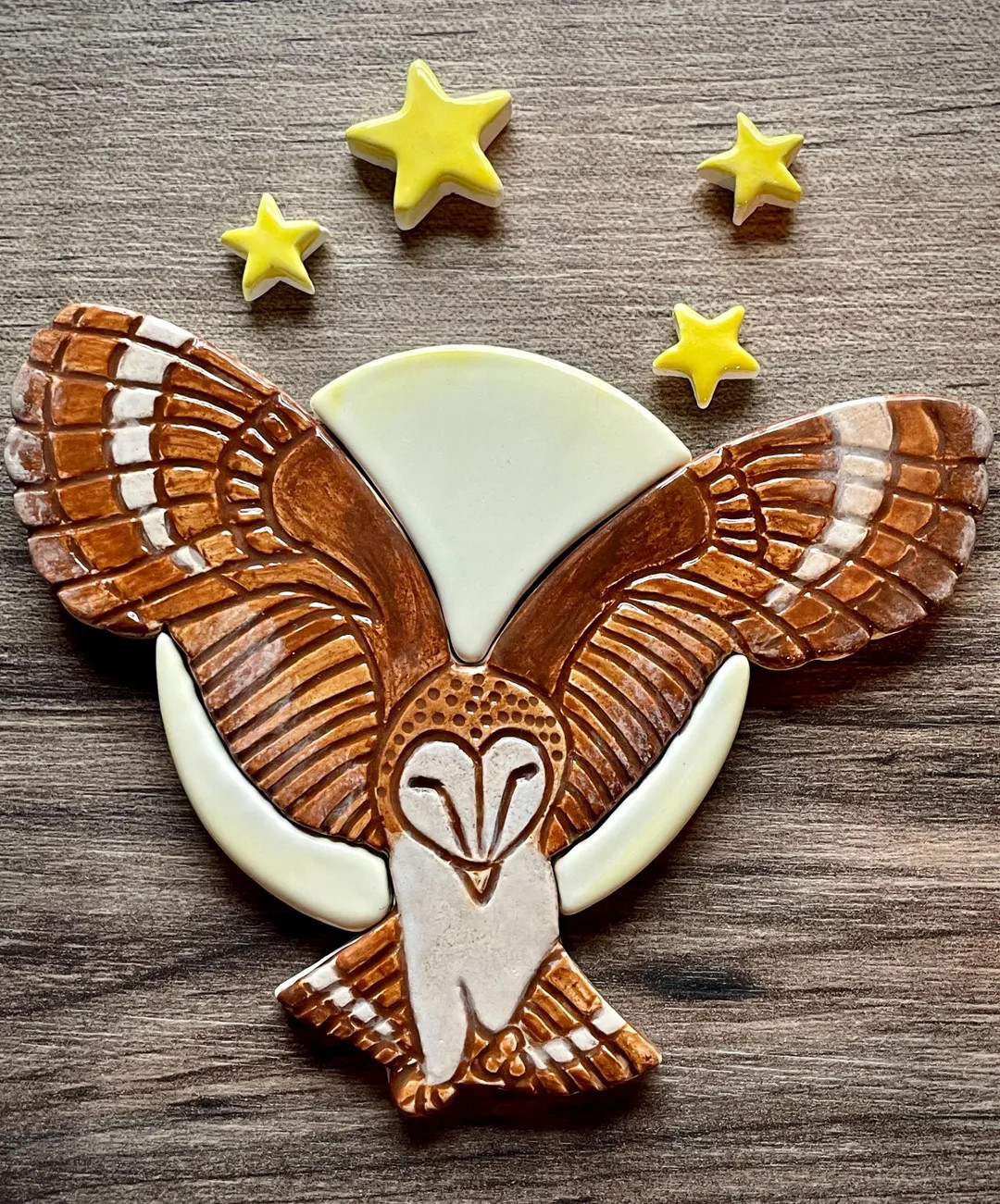 Handmade Ceramic Owl Mosaic Tile With Moon and Stars Mosaic Pieces - Etsy | Etsy (US)