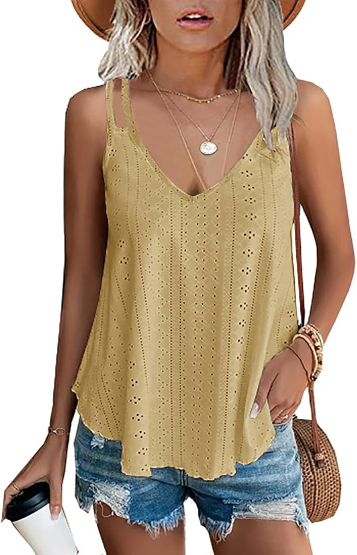 JAWINT Womens Tank Tops Summer Sleeveless V Neck Embroidery Casual Cute Flowy Loose Fit Shirts | Amazon (US)