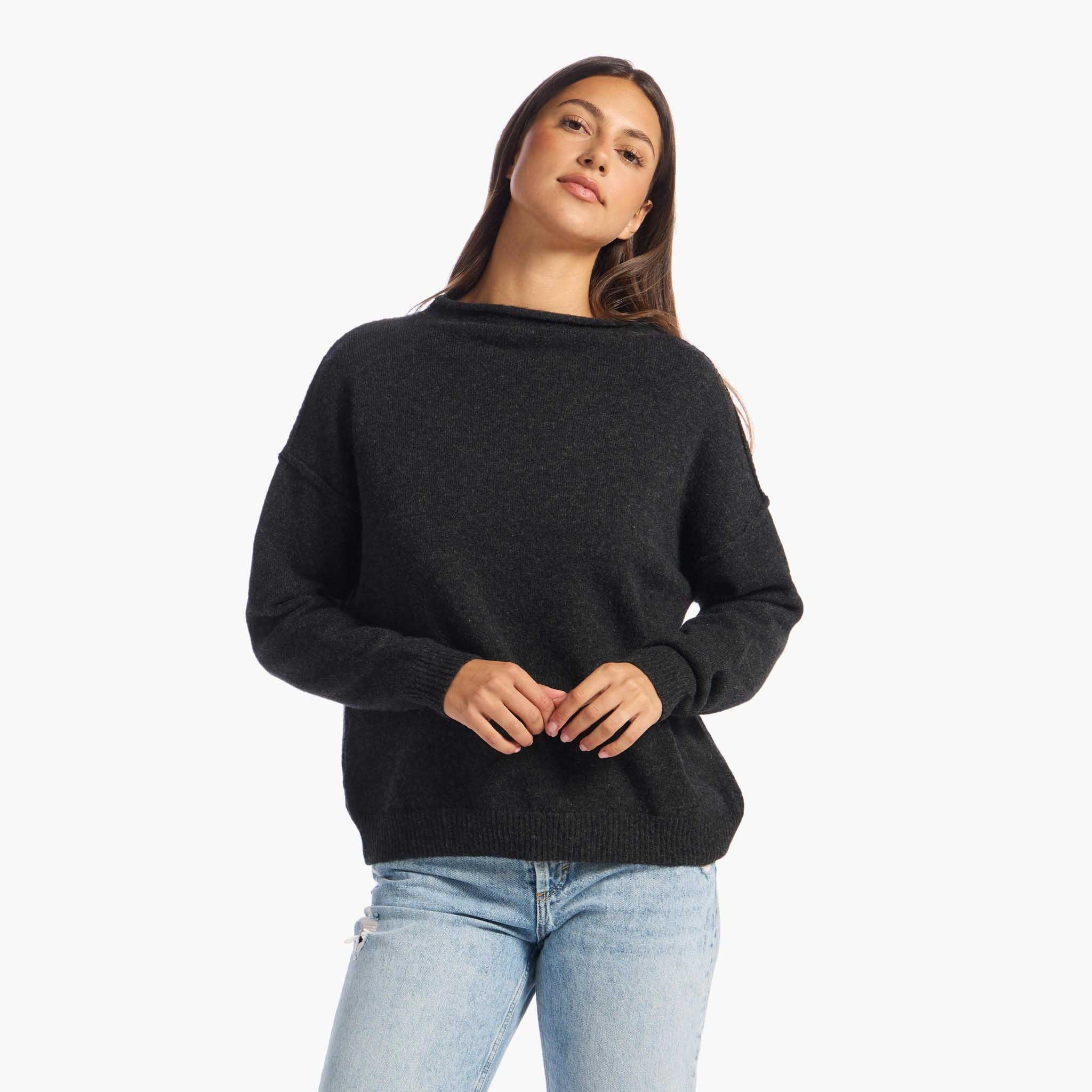 Cozy Knit Mock Neck Sweater | Charcoal | Nuuds US