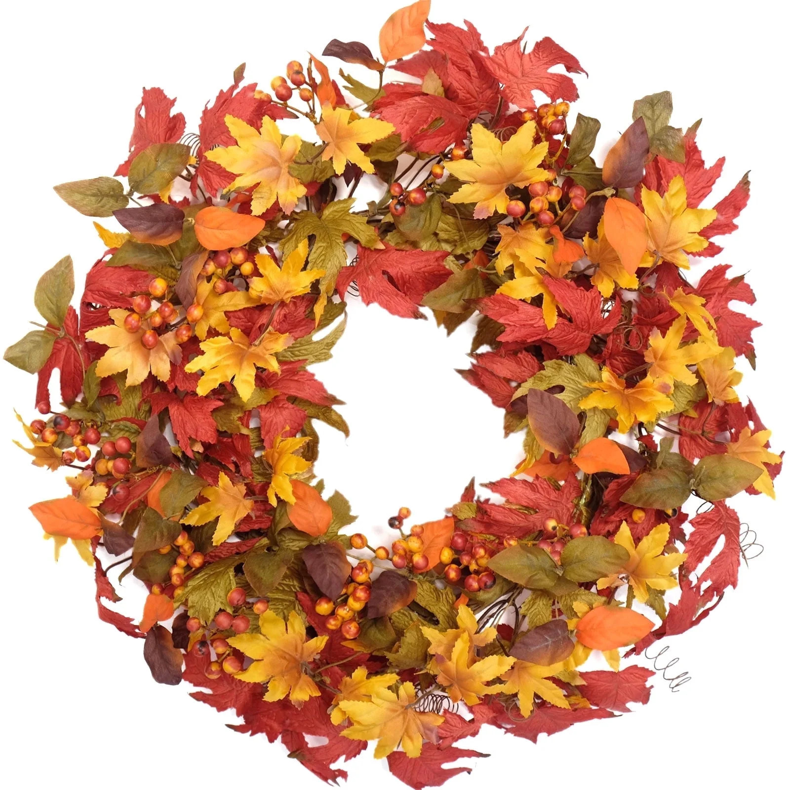 Idyllic 20" Fall Wreath for Front Door, Maple Leaves in Red Yellow Green with Orange Berries - Walmart.com | Walmart (US)