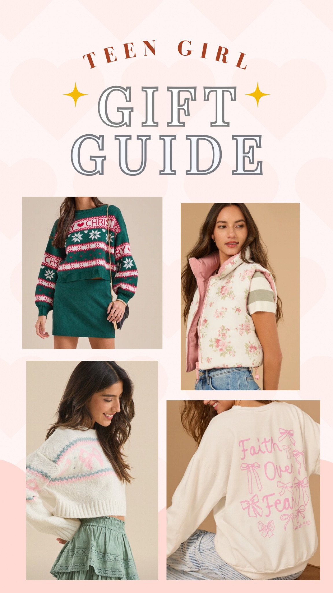 Christmas Gift Guide for Teen Girls 

These finds are on an awesome sale rn! 

Girlie Girl Fashion - Floral Vest - Christmas Sweater - Bow Sweatshirt - Junior Girls Fashion - Shabby Chic Style - Fur Coat - Fair Isle Sweater

#LTKSeasonal #LTKSaleAlert #LTKGiftGuide