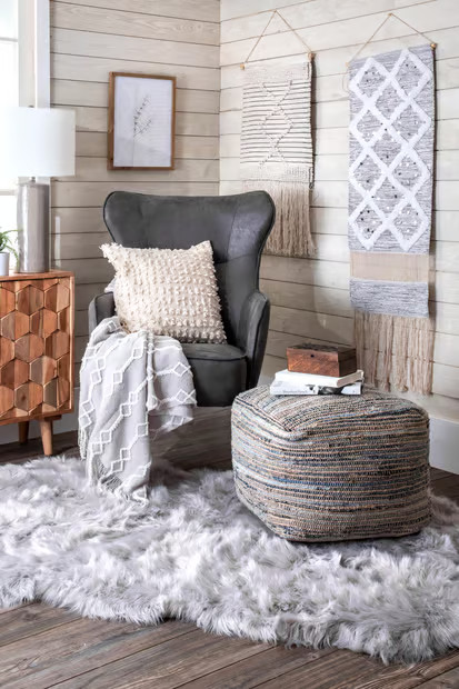 Natural Knitted Jute and Denim Pouf 14" H x 18" W x 18" D | Rugs USA