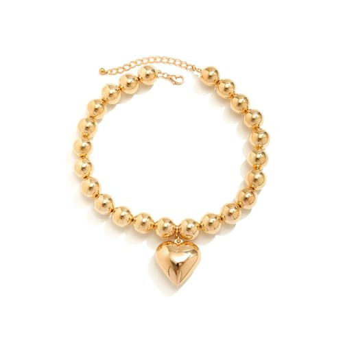 Chunky Heart Necklace for Women Big Gold Heart Pendant Necklace Pearl Choker Necklace Puffy Heart Pearl Necklace Trendy Jewelry Gift for Women(Gold 2) | Amazon (US)
