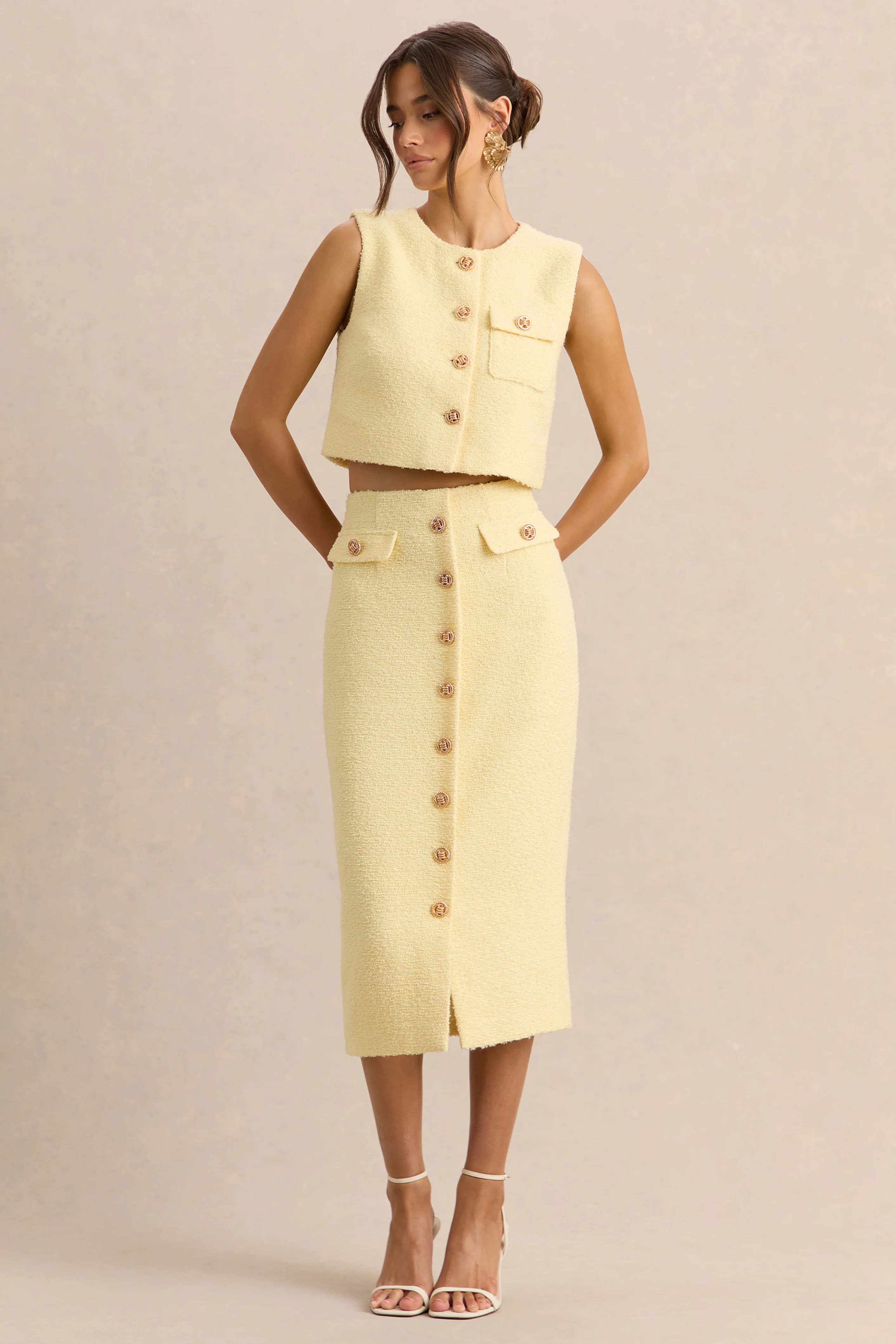 Glyra | Lemon Tailored Midi-Skirt With Button-Detailing | Club L London