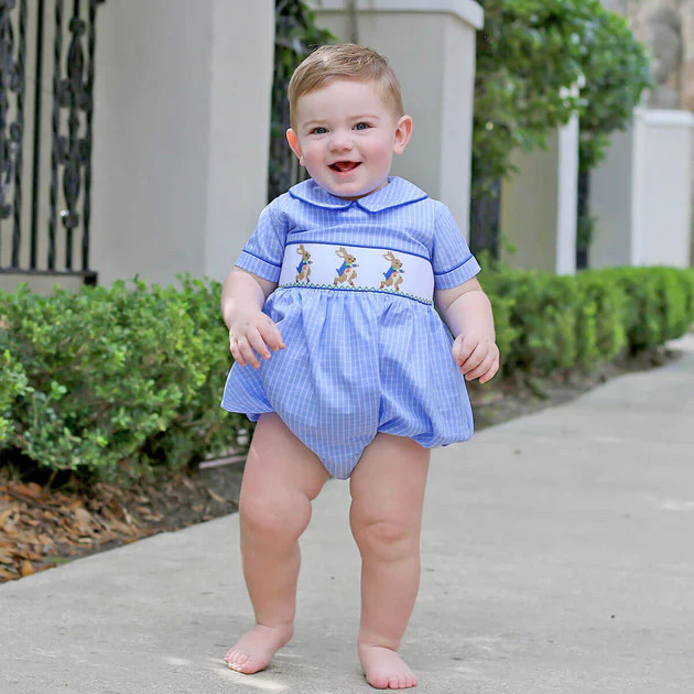 Storybook Smocked Blue Windowpane Boy Bubble | Classic Whimsy