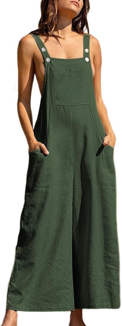 Himosyber Womens Linen Pocketed Overalls Cotton Blend Sleeveless Button Down Jumpsuit | Amazon (US)