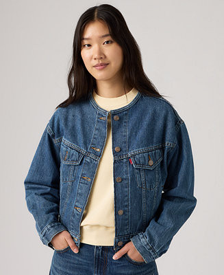 Women's Collarless Shrunken Trucker Jacket | Macy's