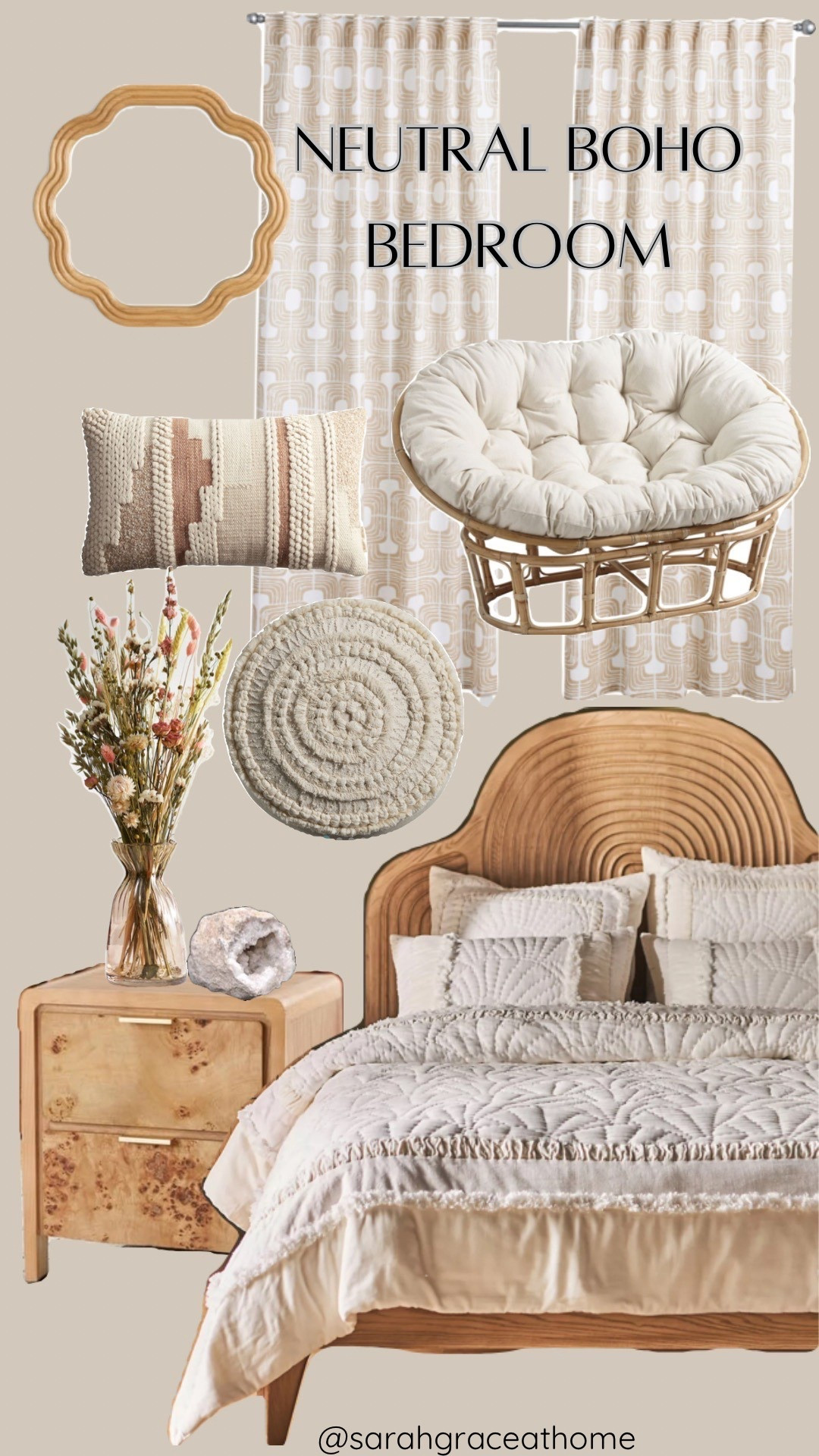 Create a serene and stylish neutral boho bedroom with earthy textures, rattan furniture, and soft, cozy layers. This aesthetic features a wooden arched headboard, a quilted cream bedding set, and a burl wood nightstand for a warm, organic feel. A tufted papasan chair, macrame accent pillow, and textured round rug add bohemian charm, while dried floral arrangements, a geode decor piece, and geometric patterned curtains complete the look. Perfect for those who love boho minimalist, modern bohemian, and neutral home decor styles.

Cream, tan, beige


#LTKFindsUnder50 #LTKHome #LTKFindsUnder100