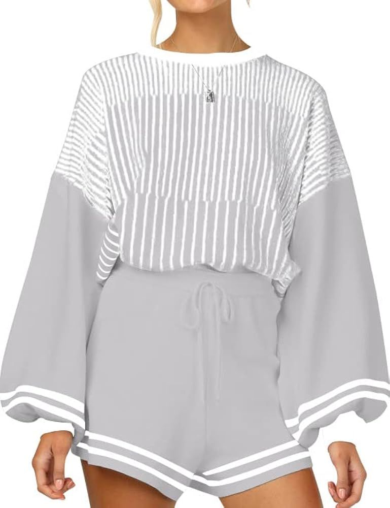 Arssm Casual Striped 2 Piece Knitted Outfits for Women Crewneck Wide Leg Knit Pullover Tops Draws... | Amazon (US)