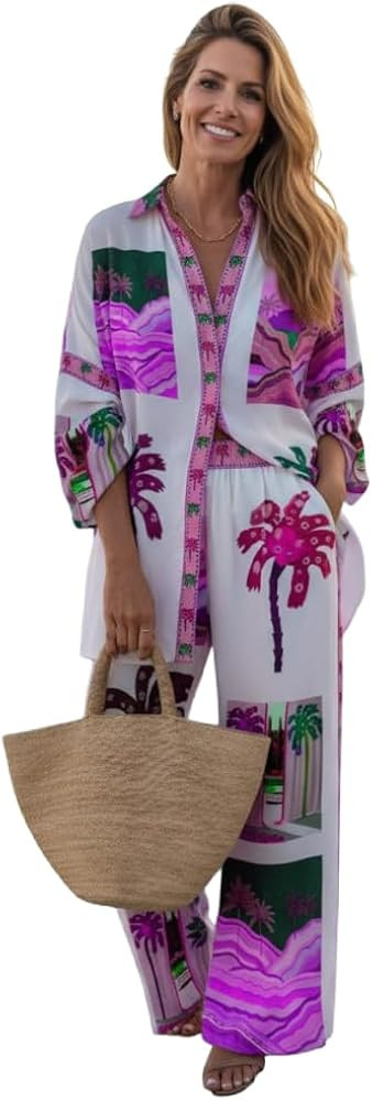 Women's Beach Vacation 2 Piece Outfits Long Sleeve Button Shirt Elastic Waist Wide Leg Pants Casu... | Amazon (US)
