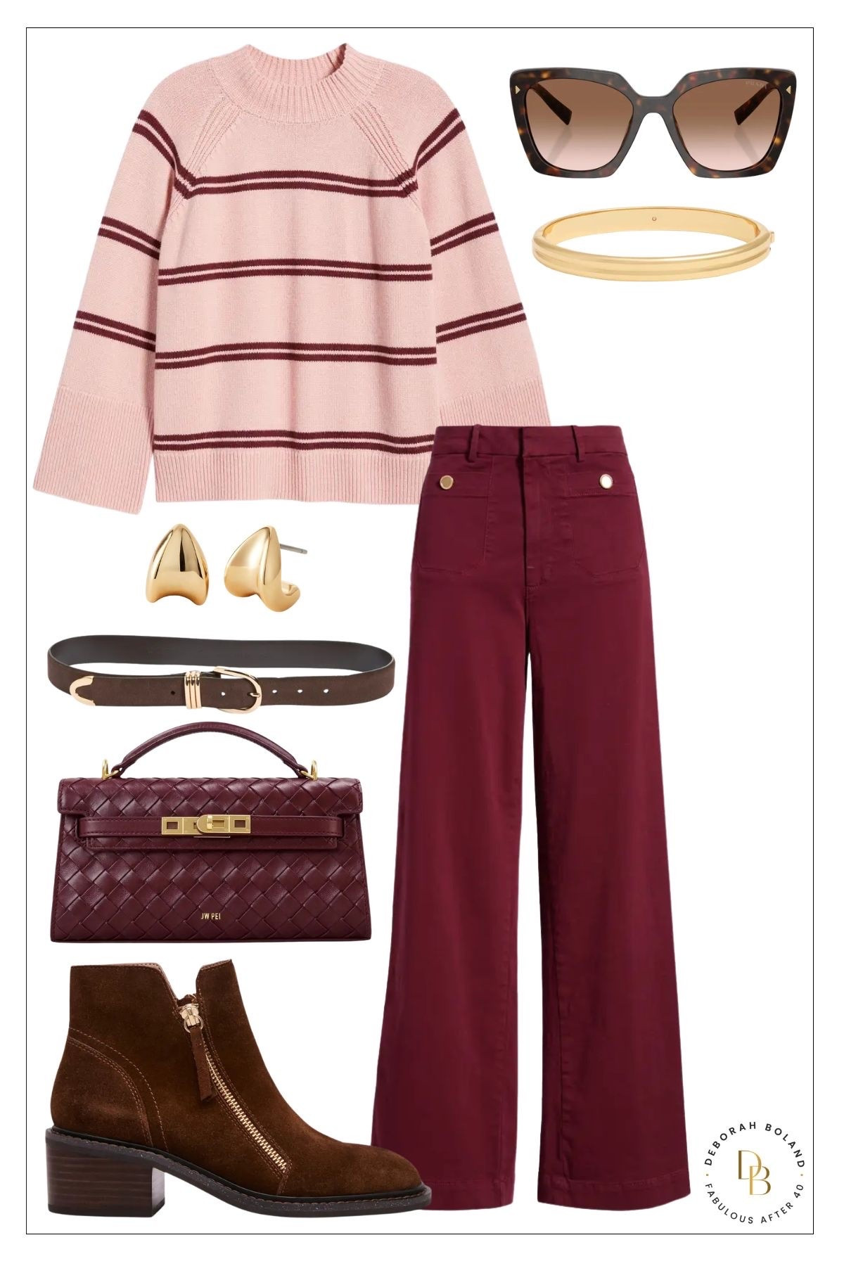Add pop of color to your Fall look with this pink and burgundy striped bell sleeve sweater. I’ve added these cute waterproof booties and woven top handle bag to finish it off.

#LTKSeasonal #LTKOver40 #LTKSaleAlert