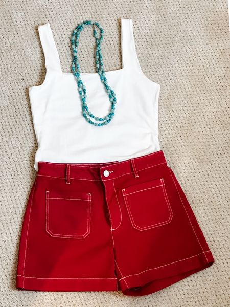 Memorial Weekend | Red White + Blue | Independence Day | 4th of July | Outfit Inspo | OOTD | Red Denim Shorts (24) | White Cotton Bodysuit (M) | Beaded Necklacee

#LTKSeasonal #LTKsalealert #LTKparties