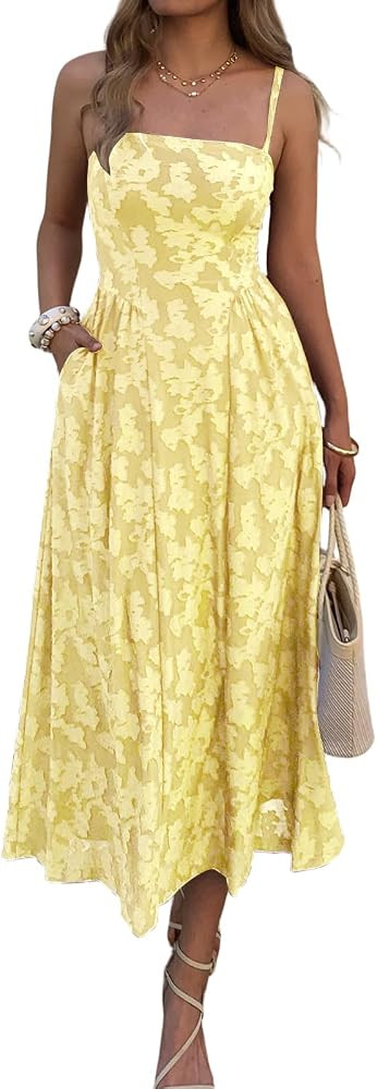 Women's Boho Summer Maxi Dress with Pockets Casual Floral Spaghetti Strap Flowy Long Dresses Beac... | Amazon (US)