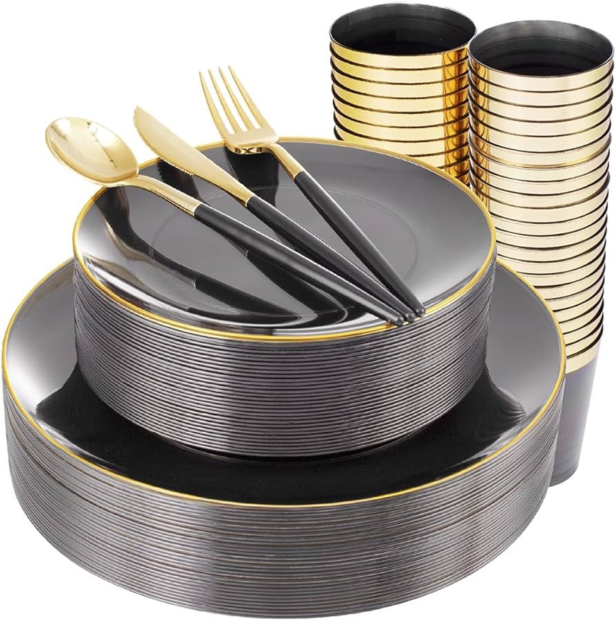 Supernal 180pcs Black Plastic Dinnerware Set, Clear Plates with Gold Rim,Gold Silverware,Black Cl... | Amazon (US)