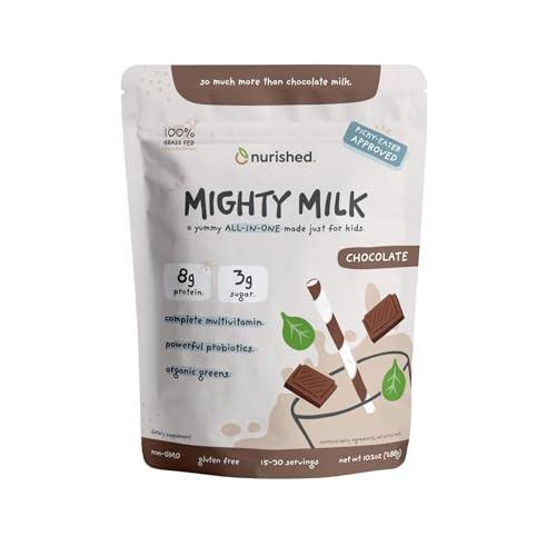 Nurished Mighty Chocolate Milk - Kids Daily Protein Powder Boosted with 2 Billion Probiotics and Organic Spinach Leaves - Natural Flavors Colors and Sweeteners - 15-30 Servings | Amazon (US)