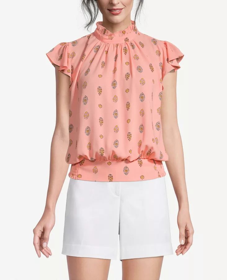 FLORAL PAISLEY RUFFLE MOCK NECK TOP | Ann Taylor Factory