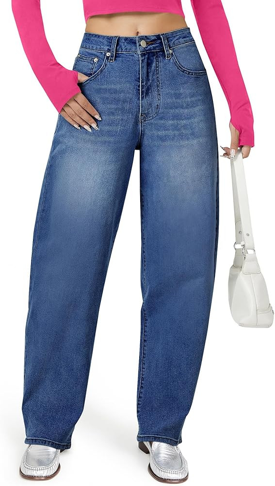 Barrel Jeans for Women, High Waisted Wide Straight Leg Boyfriend Microelastic Womens Mom Jeans | Amazon (US)