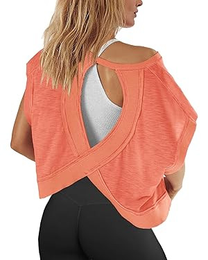 Panadila Womens Open Back Workout Top Oversized Workout T Shirts Backless Athletic Shirt Short Sl... | Amazon (US)