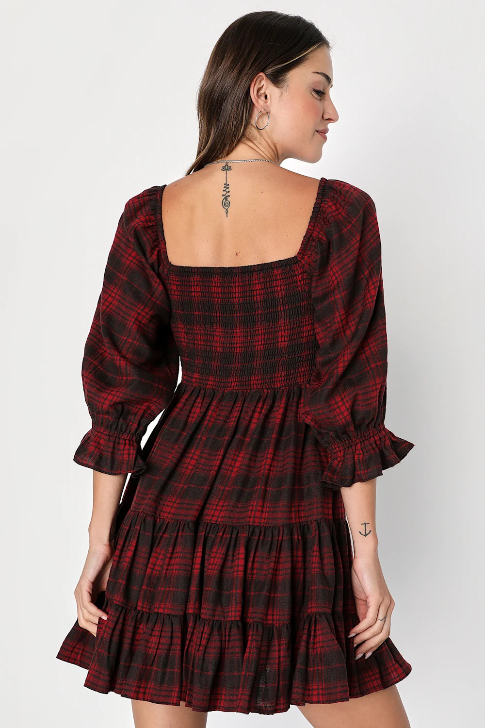 No One Cuter Red and Black Plaid Puff Sleeve Tiered Mini Dress | Lulus (US)