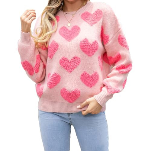 VFURYGD Women Heart Sweater Valentines Cute Crewneck Long Sleeve Oversized Love Sweaters Knit Pullover Tops (Pink, L) | Amazon (US)