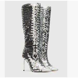 STEVE MADDEN Panther Silver Sequin Tall Stiletto Boots 7 NEW | Poshmark