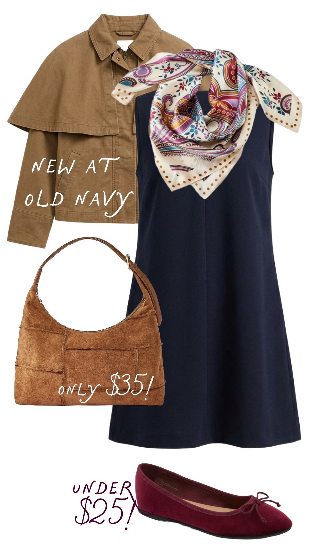 This is such a good fall outfit formula when you want layers without feeling bulky. I love the navy dress with the new Old Navy jacket, printed scarf, suede bag, and burgundy flats!  

 #LTKgrwm #LTKootd #LTKmomlife