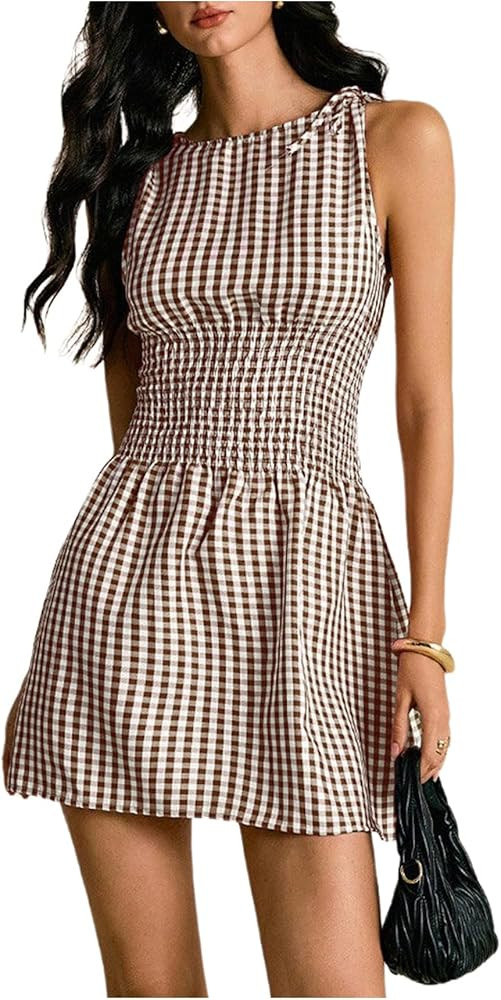 Floerns Women's Tie Shoulder A Line Gingham Dress Boat Neck Mini Checkered Elegant Dresses | Amazon (US)