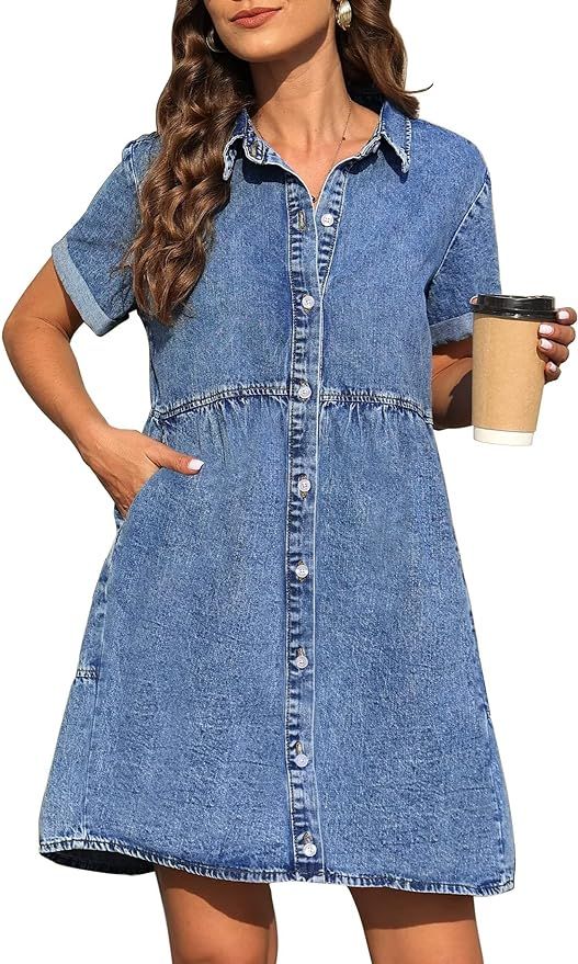 KDF Denim Dress for Women with Pockets Short Sleeve Babydoll Denim Shirt Dresses for Women 2024 | Amazon (US)