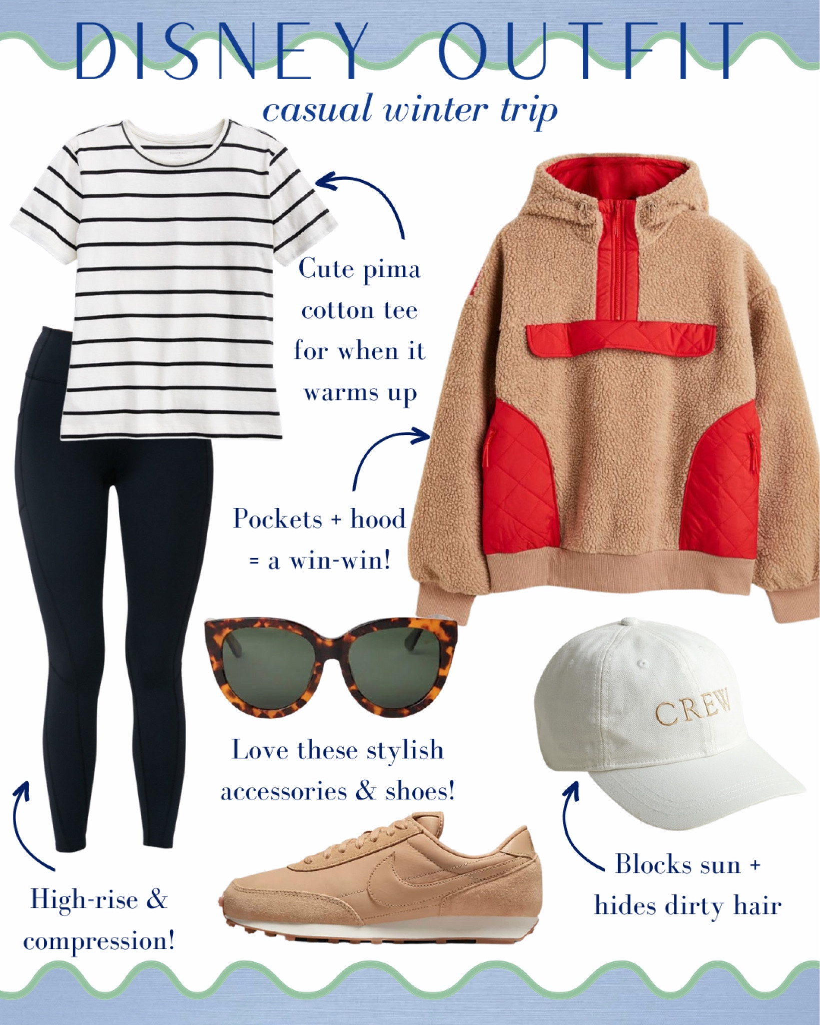 Casual mom outfit for a winter day at Disney World. Layer this black and white striped Pima cotton tee under this affordable tan and red fleece jacket. Pair with camel nike sneakers, tortoise sunglasses, high-rise black leggings and a cream baseball cap to look classic and comfy. 

Casual style, preppy style, classic mom style, everyday ootd, H&M find, Jcrew style, tennis shoes, activewear #momstyle #momootd #disneyoutfit #activewear #casualoutfit 

#LTKsalealert #LTKunder100 #LTKshoecrush