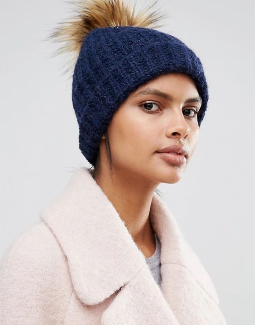 Whistles Faux Pom Beanie in Navy | ASOS US