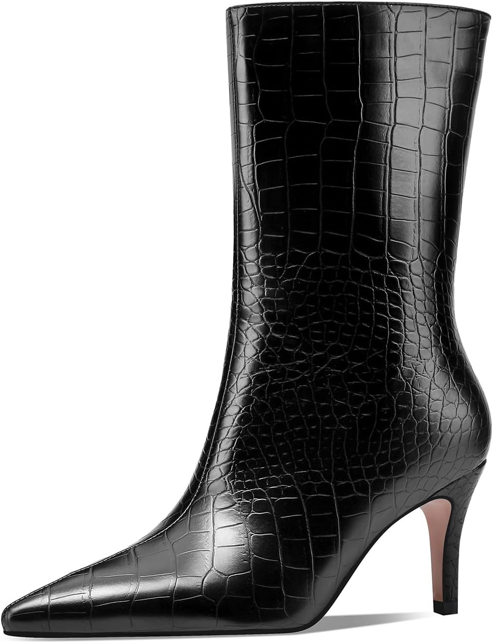 Mid Calf Boots Women Crocodile Leather Boot Stiletto Heel Wide Calf Booties | Amazon (US)