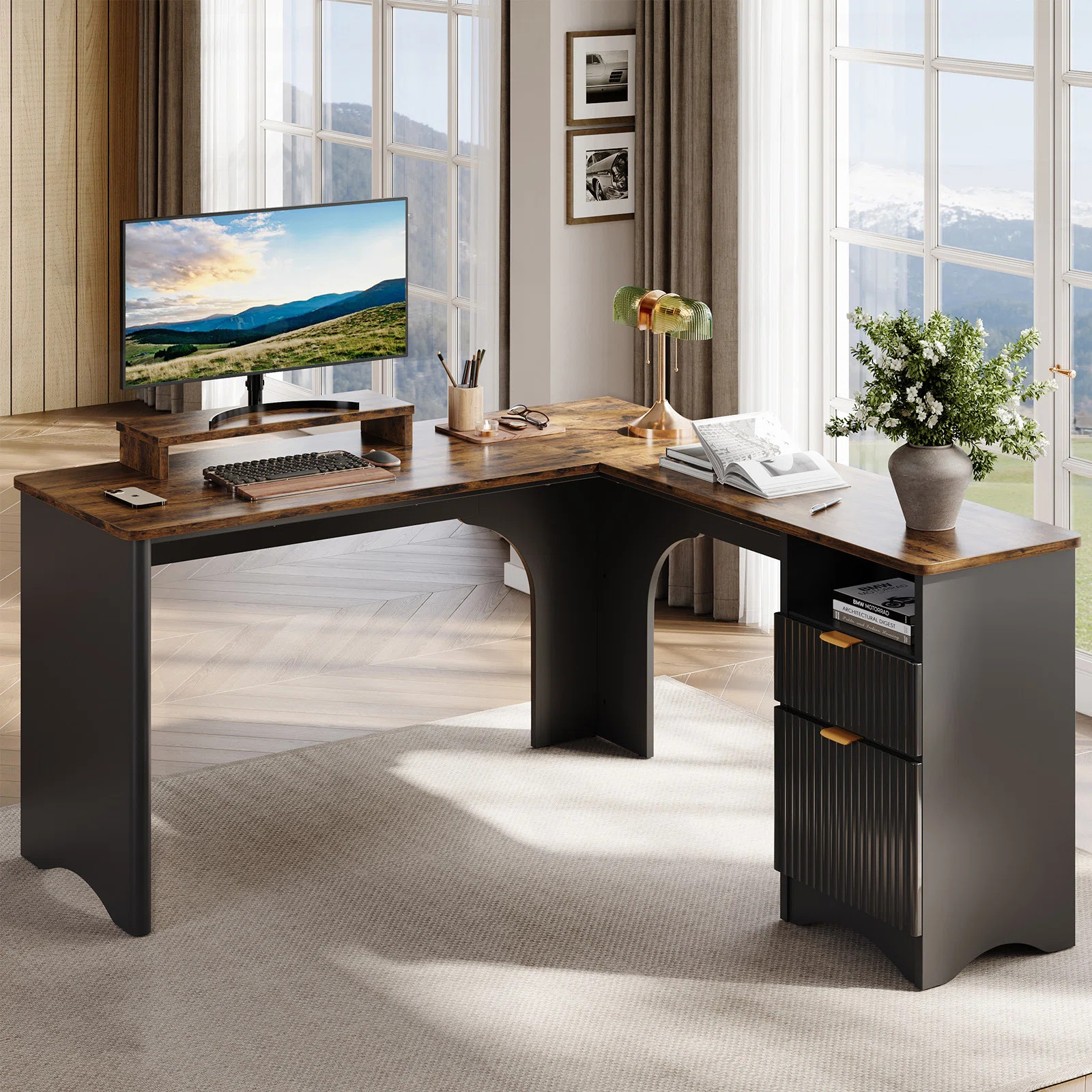 55'' L Shaped Executive Computer Desk with File&Storage Drawers,Home Office Writing Desk with Mon... | Wayfair North America