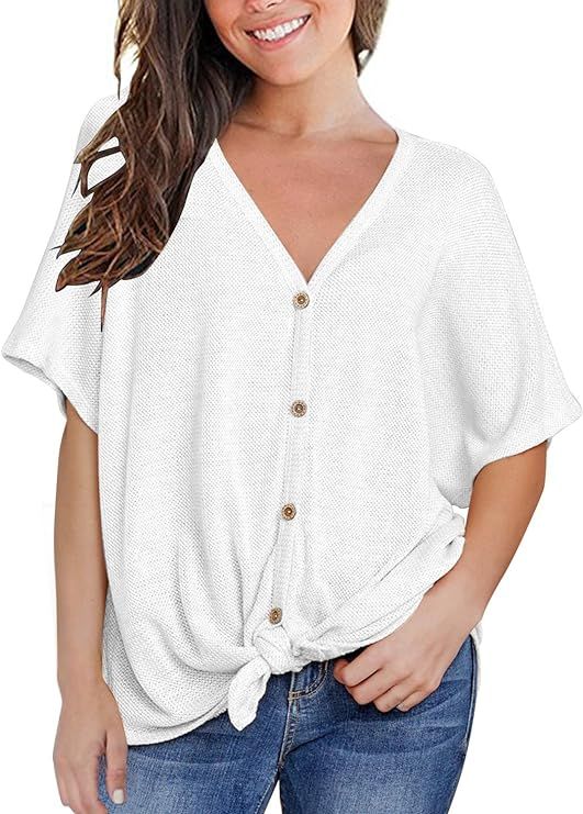 MIHOLL Womens Loose Blouse Short Sleeve V Neck Button Down T Shirts Tie Front Knot Casual Tops | Amazon (US)