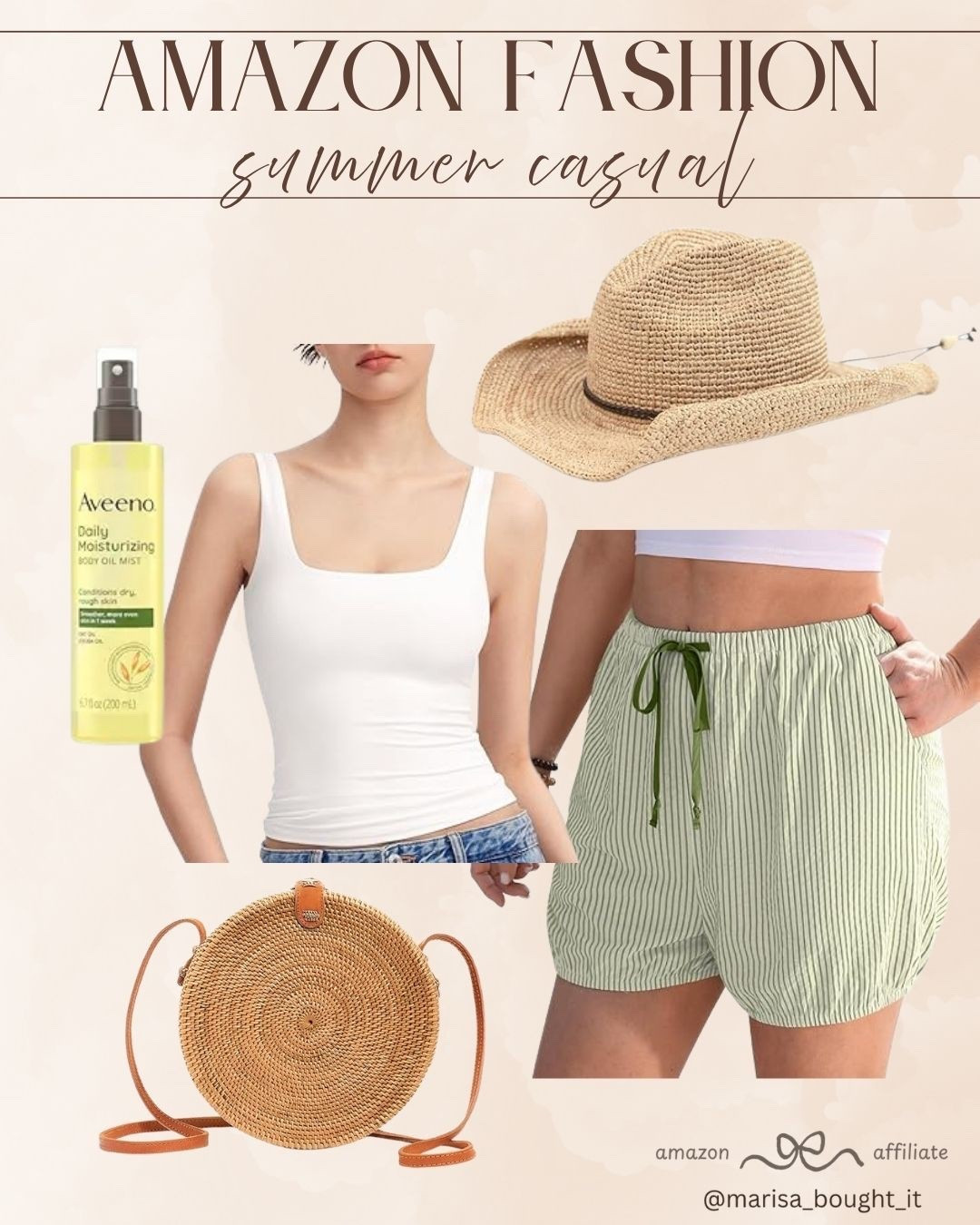 Summer Casual

Beat the heat with these refreshing summer staples! A crisp white square-neck tank and striped linen-style shorts are essential for those sunny, laid-back afternoons. ☀️🌿

I added a woven straw hat and a round rattan crossbody bag to give the outfit those effortless vacation vibes. It’s practical, chic, and perfect for the beach or a brunch date. 👒👜

Don't forget the glow! I always finish the look with a hydrating body oil mist to keep skin looking radiant under the sun. This ensemble is pure summer magic. ✨🍦

#SummerOutfit #VacationStyle #AmazonFinds #CasualChic #SummerVibes

#LTKSeasonal #LTKgrwm #LTKootd